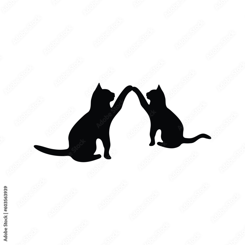 Two happy cats silhouettes. Simple ink drawing sitting cats cute vector illustration. Doodle animals icons minimalistic line art.