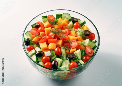 A glass bowl of salad with AI generated.