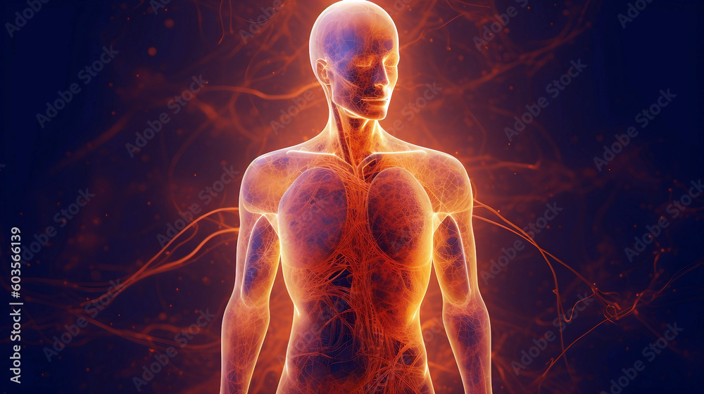 Human body with glowing neurons visualization concept. Generative AI illustration Human body with glowing neurons visualization concept. Generative AI illustration