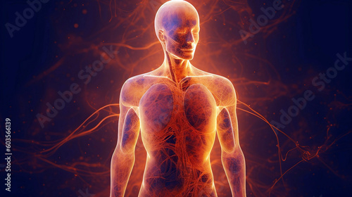 Human body with glowing neurons visualization concept. Generative AI illustration