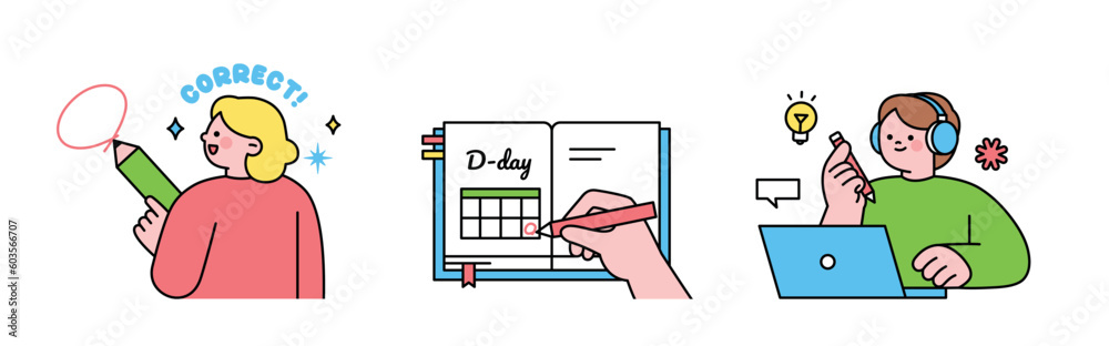 Education. Students studying hard and taking exams. Students grading exam questions, checking schedules, and taking online lectures. Education. Students studying hard and taking exams. Students grading exam questions, checking schedules, and taking online lectures.