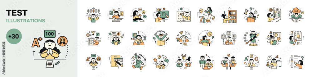Education. Students studying hard and taking exams. Cute logo icon style character. mega set. - obrazy, fototapety, plakaty 