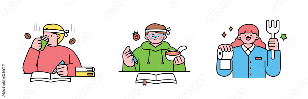 Education. Students studying hard and taking exams. Students drinking coffee and eating fast food while studying. Talisman for passing. Education. Students studying hard and taking exams. Students drinking coffee and eating fast food while studying. Talisman for passing.