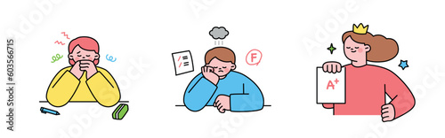 Education. Students studying hard and taking exams. Students praying. Students with grades of F and A plus.