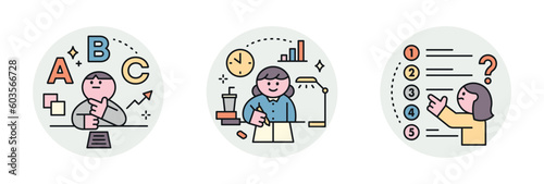 Education. Students studying hard and taking exams. Test question types, students who study late, choose 5 multiple questions.