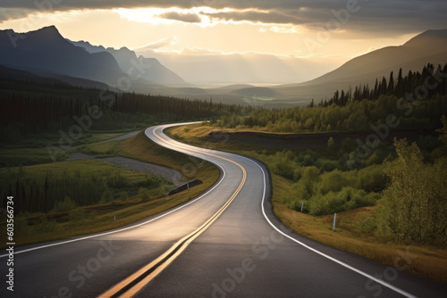 Winding scenic road in high mountains with dramatic light, made with Generative AI © marchello74