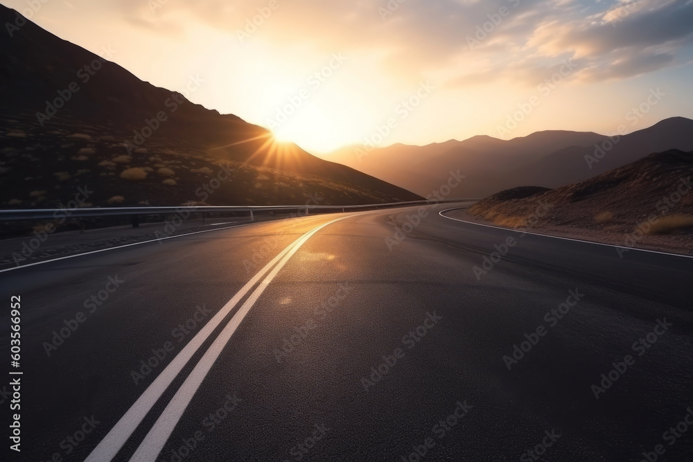 Curvy asphalt road in high mountains with dramatic light at sunset, made with Generative AI