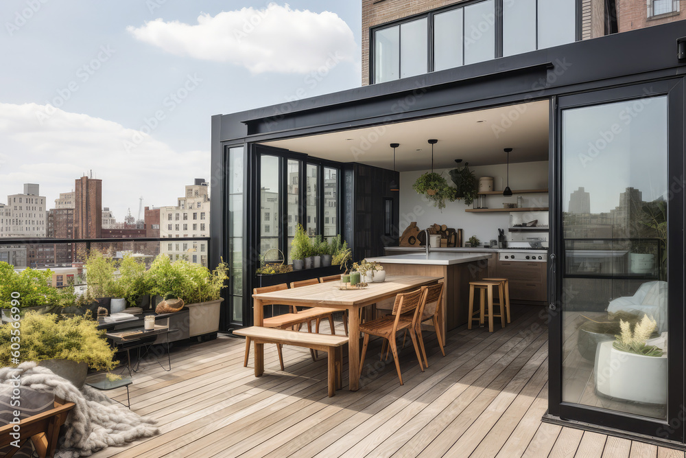 A rooftop patio and an open kitchen with sliding glass doors, generative AI