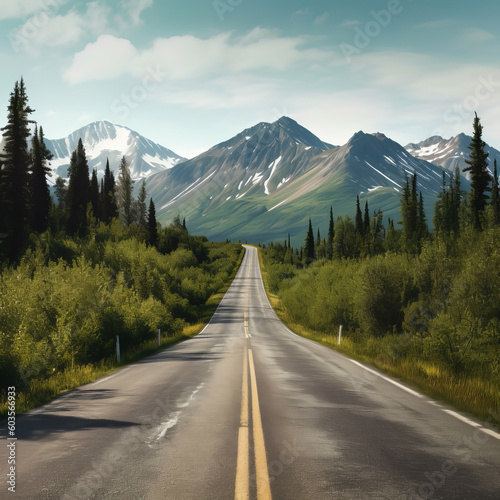 Asphalt road in high mountains with snow on the peaks, summertime, made with Generative AI