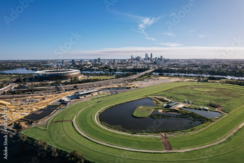 Perth city skyline view from across the racetrack and Swan River