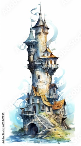 A medieval fantasy tower in an illustrated hand-drawn style, children's story book image, fairy tales, isolated on white, generative ai
