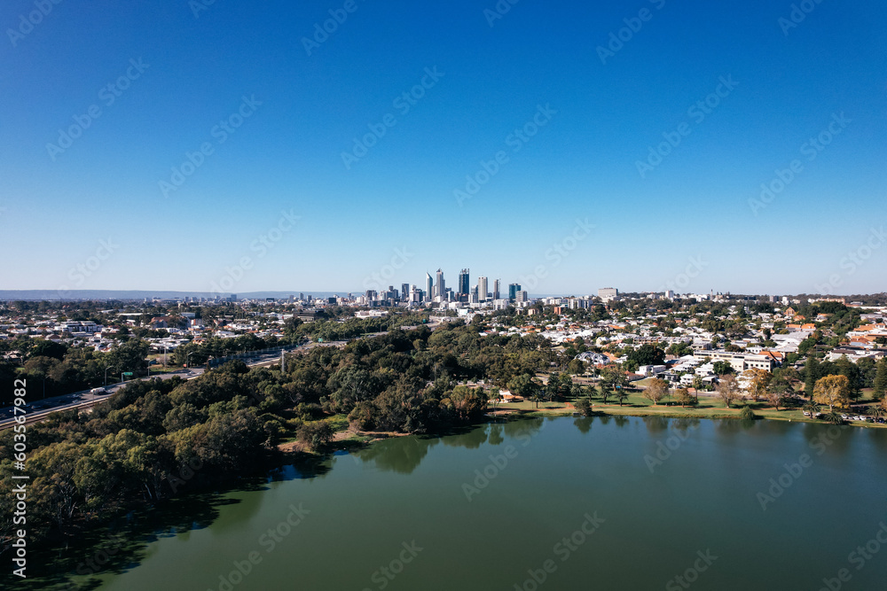 Perth skyline looking across Lake Monger on the northern side of the city.