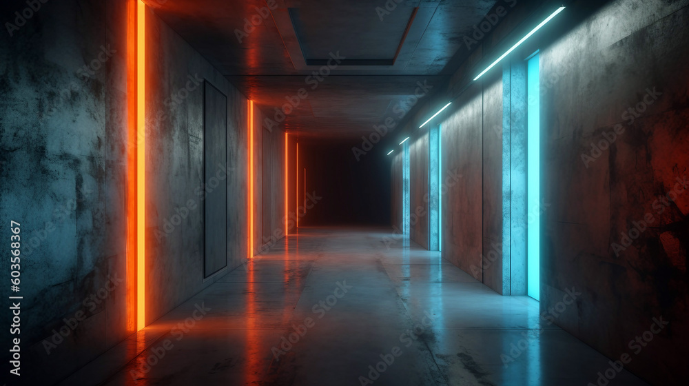 Futuristic empty concrete corridor with blue and orange glowing neon lights. Generative ai illustration