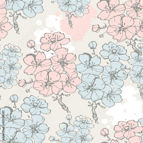 Cherry seamless pattern. Vintage hand drawn vector illustration in sketch style. Doodle cherry and abstract elements. Japanese cherry blossom.