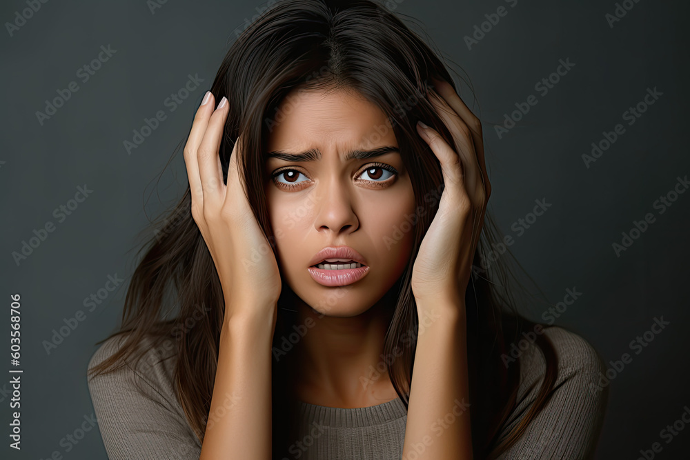 woman with headache. Generative AI woman with headache. Generative AI