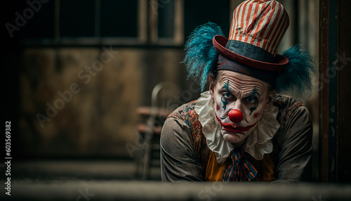 person with mask, portrait of an old and emaciated clown with a sad face, image created with ai