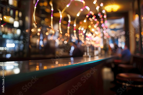 Bar counter in the restaurant bar is out of focus with illumination and blur lights