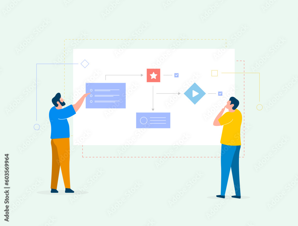 Workflow automation with flowchart for business management. Agile development team, project management process and productivity block scheme software. Team working on flowchart vector illustration Workflow automation with flowchart for business management. Agile development team, project management process and productivity block scheme software. Team working on flowchart vector illustration