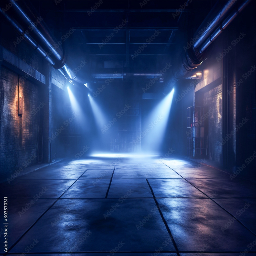 Dark street, abstract dark blue background, The concrete floor and studio room with smoke float up the interior texture for display products
