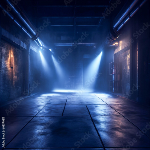 Dark street, abstract dark blue background, The concrete floor and studio room with smoke float up the interior texture for display products 