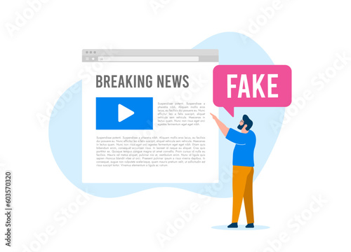 Fake news concept. Man points finger at online news article and yelling fake. Misinformation, disinformation and propaganda in online news media, where false information is spread