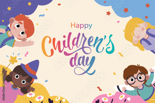 Happy International Children's Day greeting card. colored and styled . colorful balloons and three happy children.