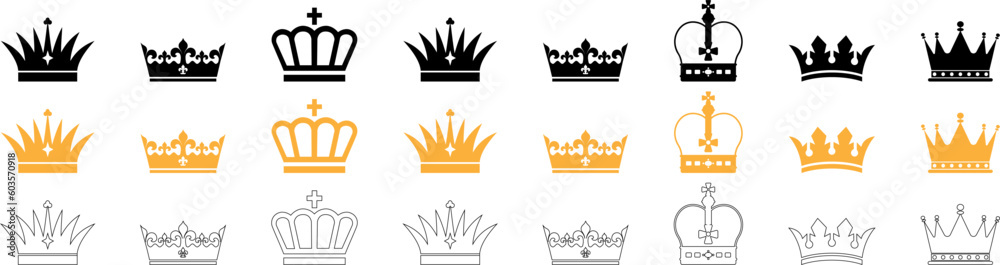 Crown icon set. Crown sign collection.Big collection quolity crowns. Crown icon set. Collection of crown silhouette. Gold crown. Vector illustration Crown icon set. Crown sign collection.Big collection quolity crowns. Crown icon set. Collection of crown silhouette. Gold crown. Vector illustration
