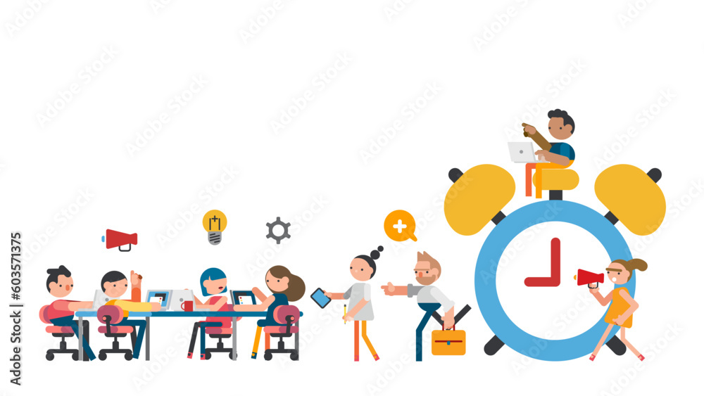 Office workers and business people working overtime at Deadline. Flat cartoon characters work in high stress conditions and under hard boss pressure. Time management on the road to success. Office workers and business people working overtime at Deadline. Flat cartoon characters work in high stress conditions and under hard boss pressure. Time management on the road to success.