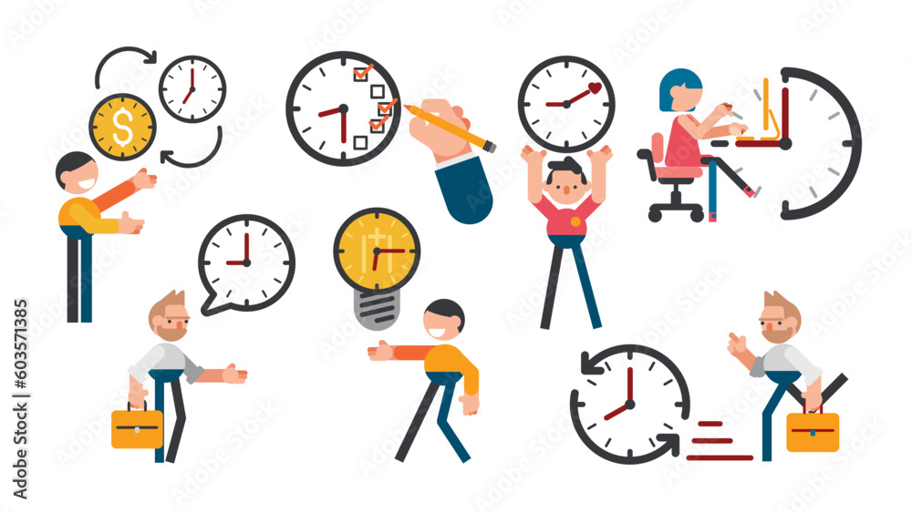 Decorative set of flat time management icons with working people vector illustration