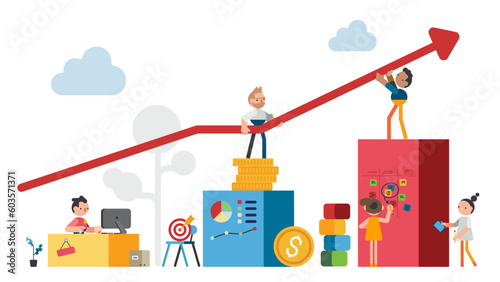 Strategy of long term planning vector illustration. Businessman building up analyzing project financial report and successful business development. Team working with graph chart and growth arrow