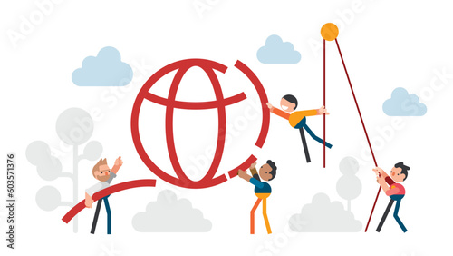 Business team help to build the global sign-Business global economy concept, modern flat Vector illustration