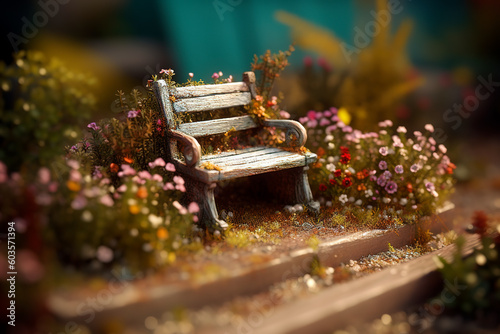 Empty wooden park bench surrounded by flowers. Wonderful relaxed atmosphere. Generative AI