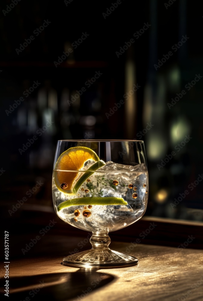 low key photography of Gin and tonic drink with fruits inside on wood bar created with Generative AI technology low key photography of Gin and tonic drink with fruits inside on wood bar created with Generative AI technology