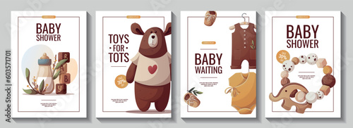 Set of flyers with teddy bear, baby bodysuit, baby bottle. Children's toys, kid's shop, childhood, baby shower concept. Vector illustrations for poster, banner, sale.