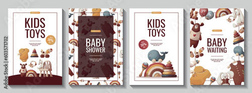 Set of flyers with push toys, teddy bear, plush bunnies, baby clothes. Children's toys, kid's shop, playing, childhood, baby care concept. A4 Vector illustration for poster, banner, flyer, sale.