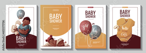 Set of flyers with Sleeping newborn kids, bodysuit and balloons. Newborn, Childbirth, Baby care, babyhood, childhood, infancy concept. A4 vector illustration for poster, banner, flyer.
