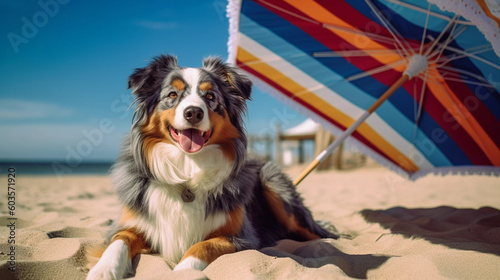 Australian Shepherd Dog lying on a beach under an umbrella on a hot sunny day