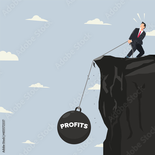 Businessman pulls up profit heavy burden on the cliff. Fix rapidly declining profits concept illustration