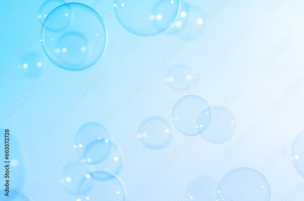 Beautiful Blurred Transparent Blue Soap Bubbles. Abstract Background. Defocused White Space. Celebration Festive Backdrop. Freshness Soap Suds Bubbles Water	
