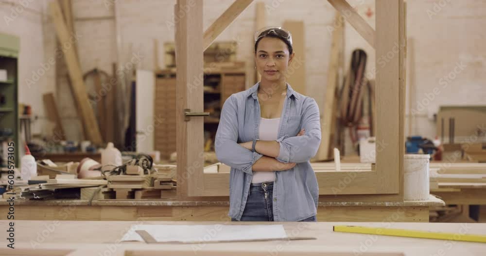 Carpenter, wood and portrait of a woman in a workshop for manufacturing process, creativity and design. Female carpenter with material for furniture project, art and craft or production at work Carpenter, wood and portrait of a woman in a workshop for manufacturing process, creativity and design. Female carpenter with material for furniture project, art and craft or production at work