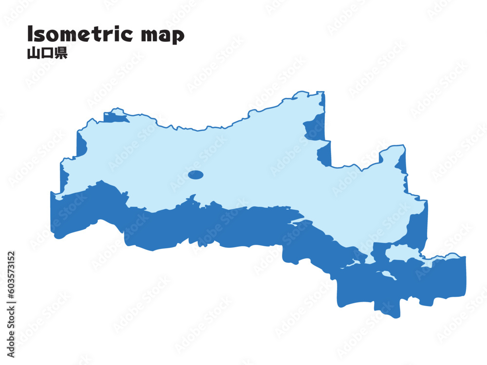 アイソメトリック、立体的な山口県の地図、県庁所在地、都道府県単位の地図のイラスト