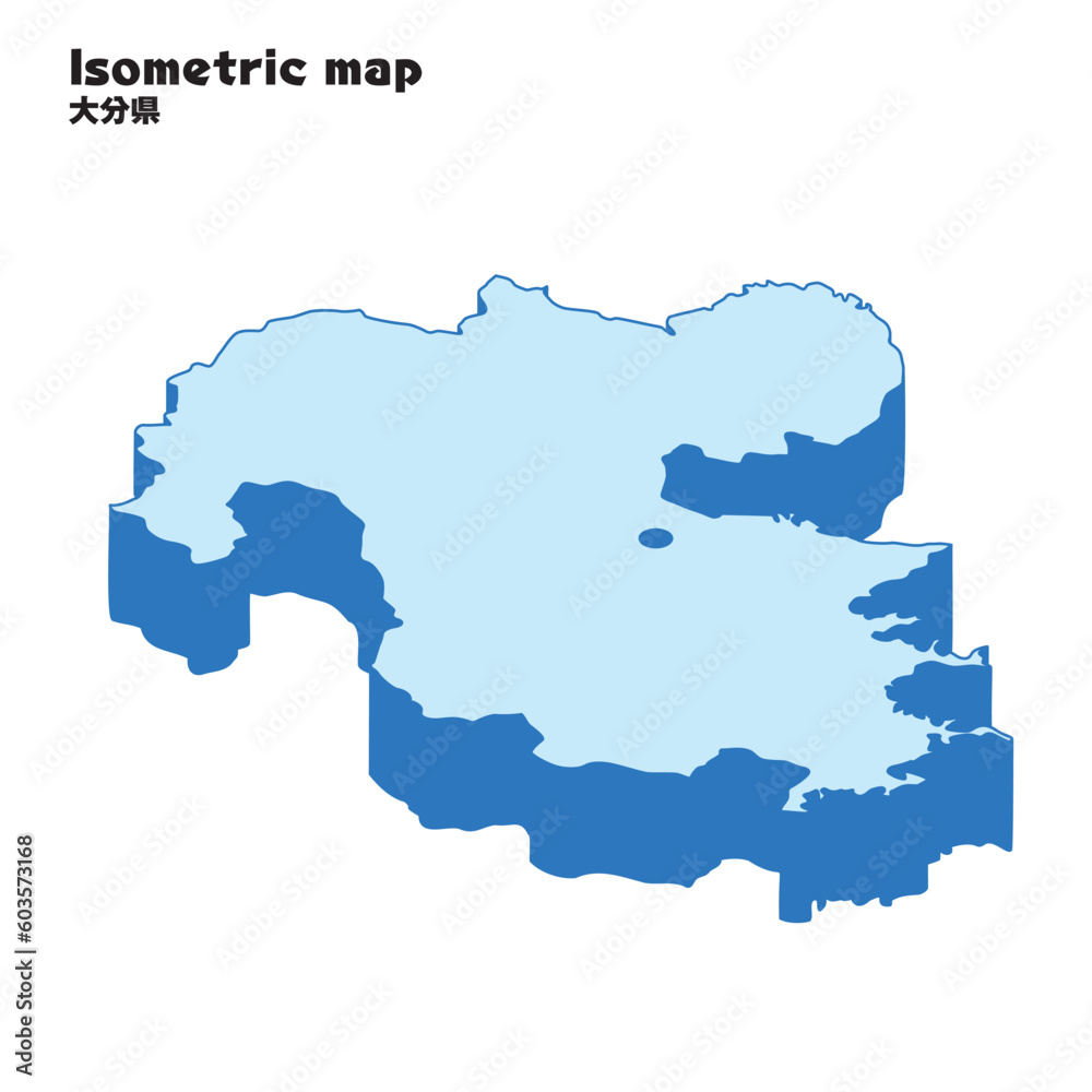 アイソメトリック、立体的な大分県の地図、県庁所在地、都道府県単位の地図のイラスト