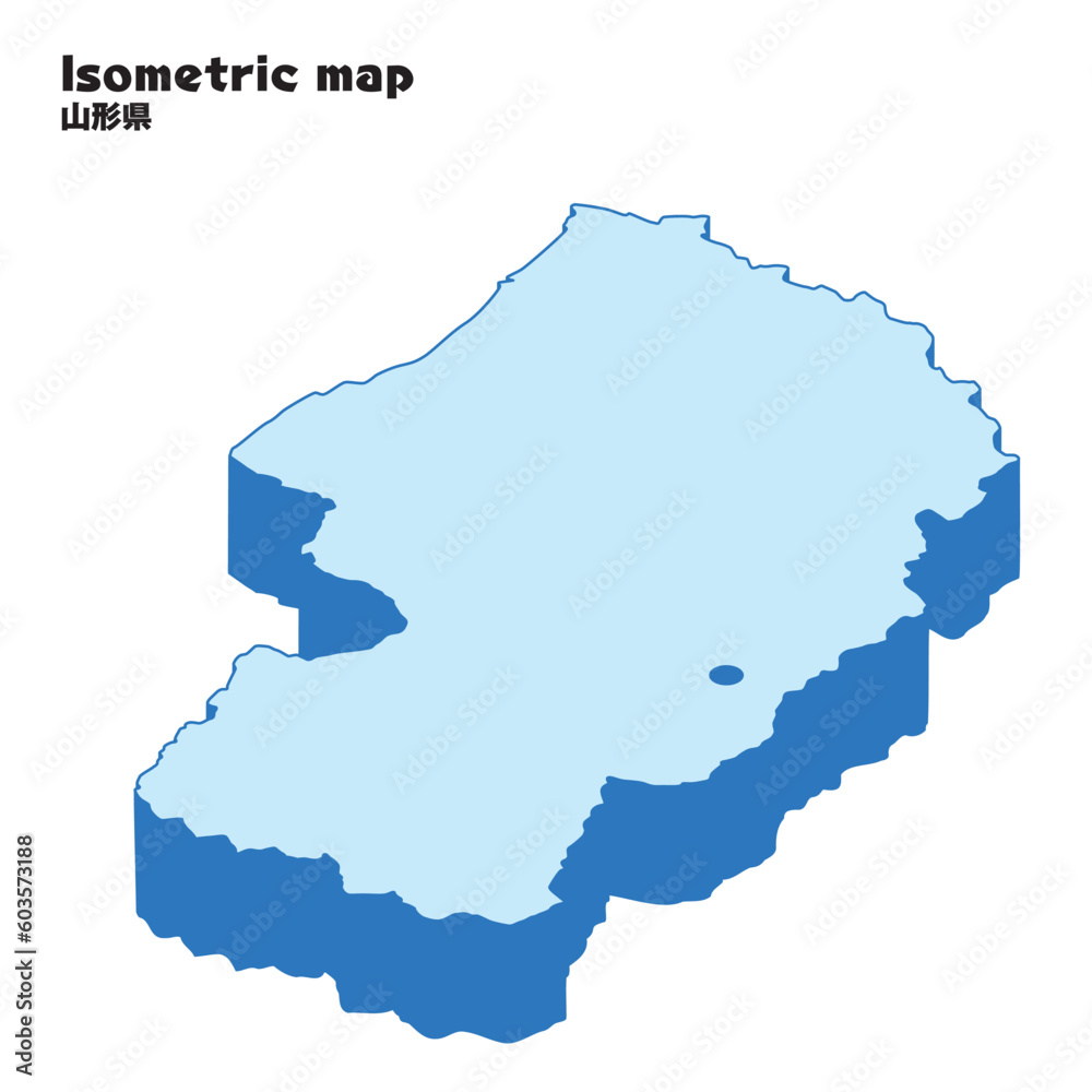 アイソメトリック、立体的な山形県の地図、県庁所在地、都道府県単位の地図のイラスト