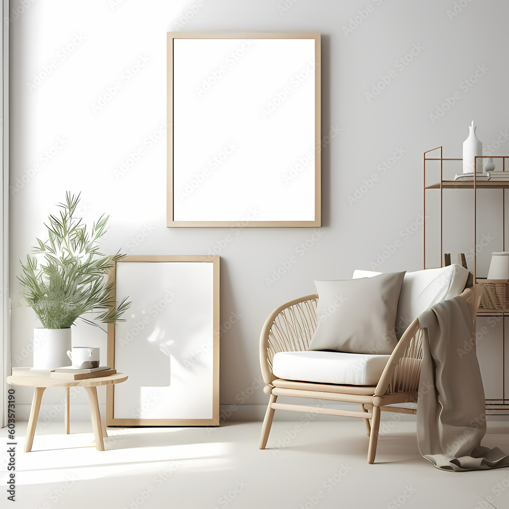 Blank canvas mockup wooden frame, boho style, modern interior design, home decoration, plant, vase, flower, lamp, furniture, art mockup