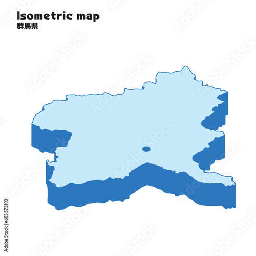 アイソメトリック、立体的な群馬県の地図、県庁所在地、都道府県単位の地図のイラスト