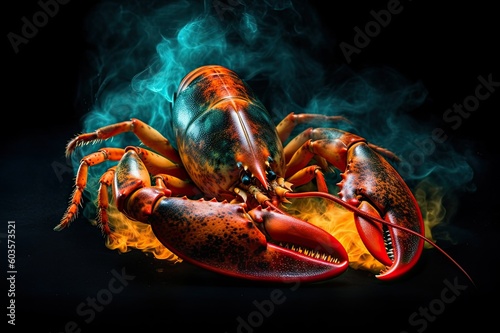 Lobster in the fire on a black background. Generative AI
