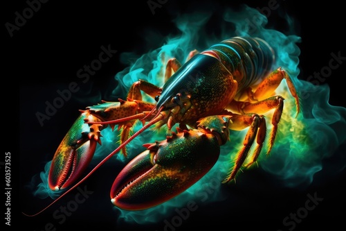 3D abstract photo of flaming lobster in HD. Generative AI