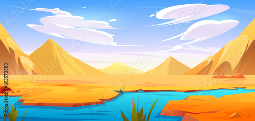 Desert river landscape with yellow sand dunes or mountains vector cartoon scenic background. Oasis with lake water in dry african Sahara cracked ground with dusty green plants under sunny blue sky