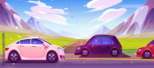 Highway with cars against mountain landscape. Vector cartoon illustration of autos riding asphalt road at bottom of high rocks, green valley, birds flying in blue sunny sky. Travel on summer vacation