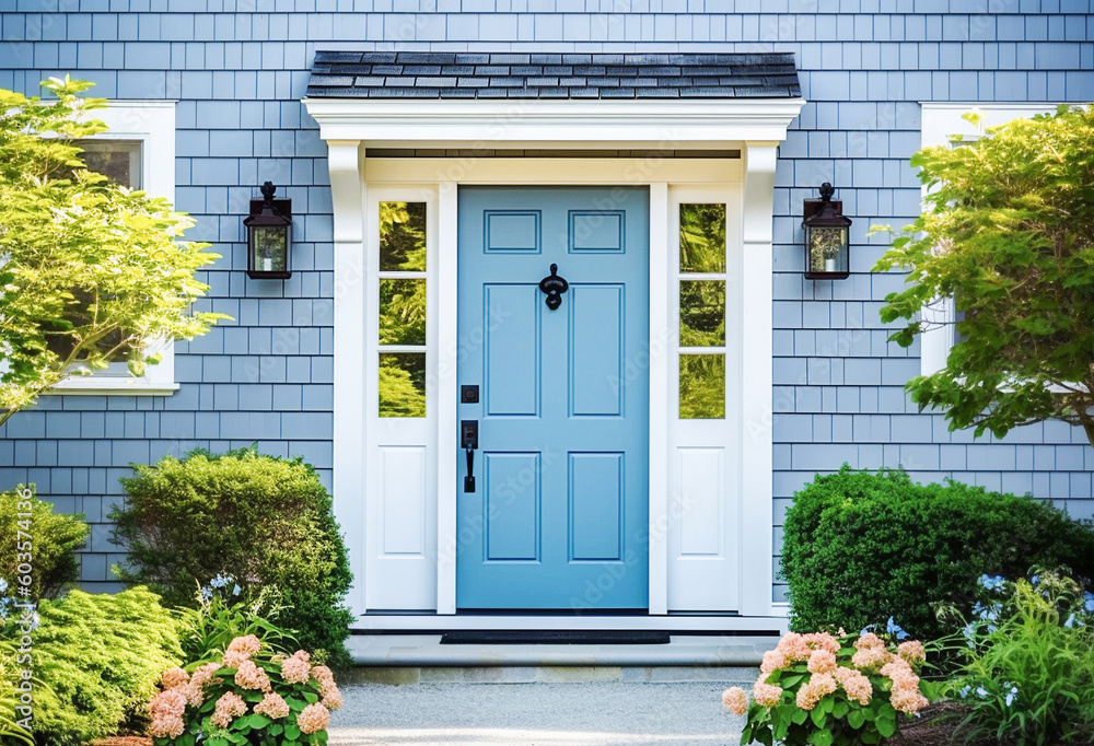 AI generative. A front entrance of a home with a blue door